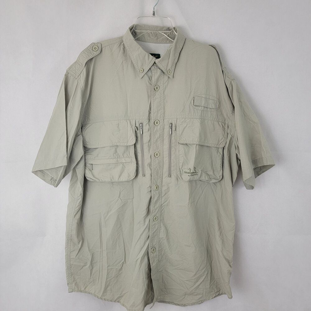 CABELAS Guidewear Mens Shirt Sz LARGE Nylon BEIGE Vented Hiking Fishing Pockets